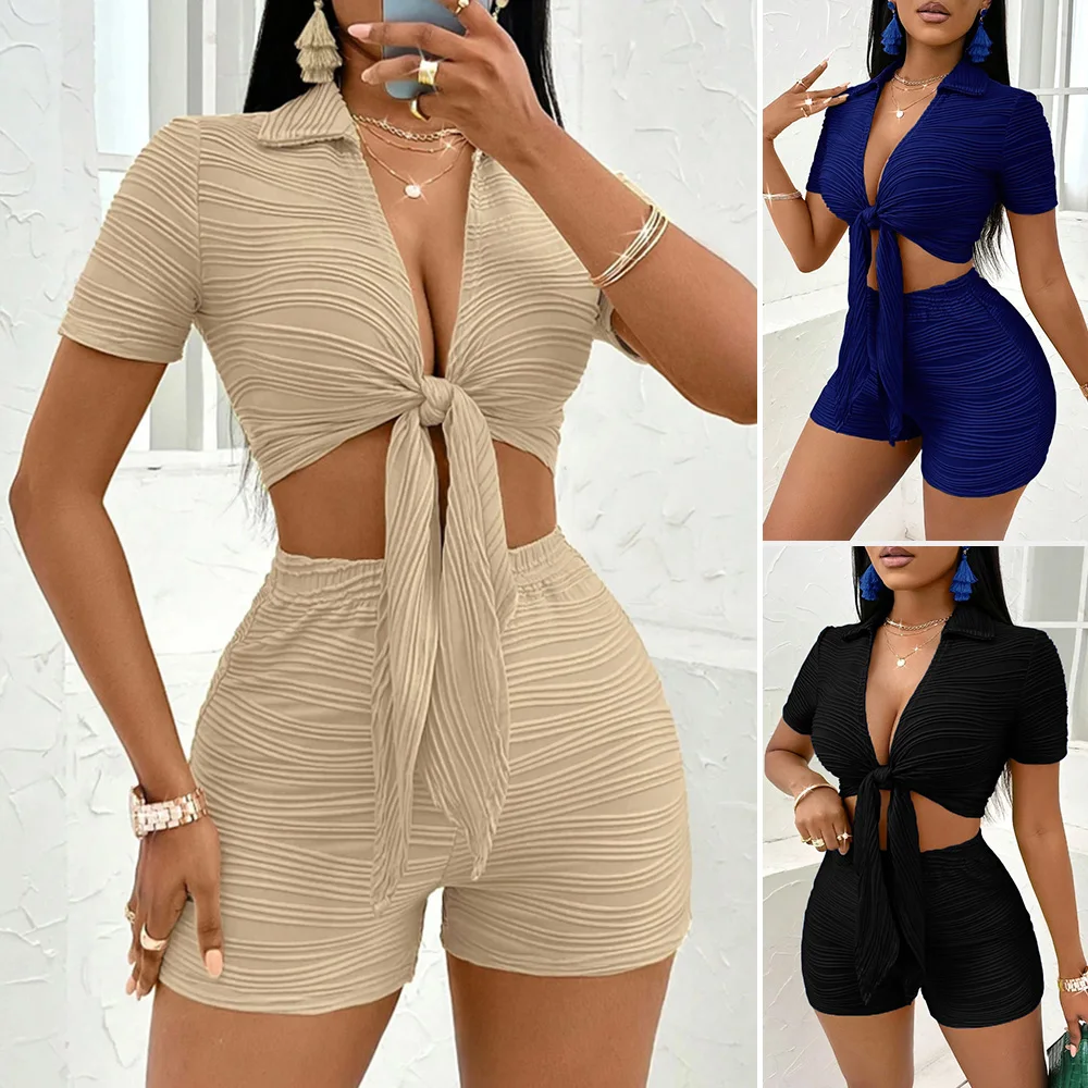 

Mia Muse Boutique Summer Fashion Decent Sets Knotted Design Short Sleeve V-Neck Natural Waist Short Casual Sets For Women