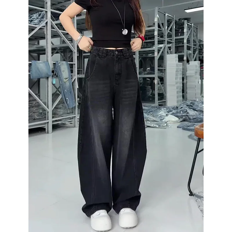 

2025 New Plus Size Black Curved Knife Jeans for Children to Look Fat and Slim Pear Shaped Figure to Wear High Waisted Wide Leg