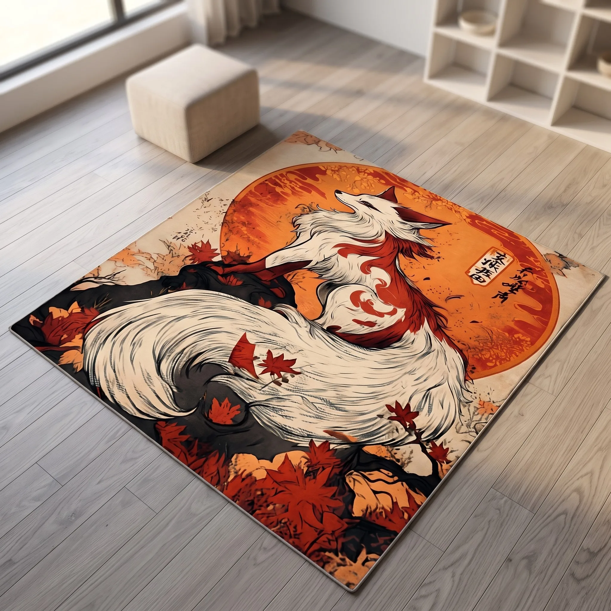 Ukiyo-E Style Nine-Tailed Fox, Maple Leaf, and Sunset Pattern Japanese Retro Style Velvet Rug for the New Year, Suitable for Entryway, Bedroom, Gaming Room, Creating a Niche Retro Japanese Style Soft Furnishing Atmosphere