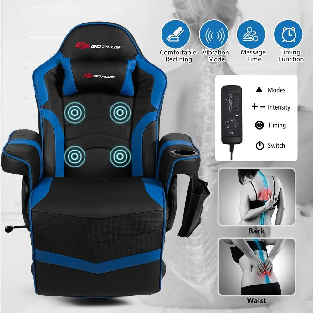 كرسي ألعاب مريح من جلد البولي يوريثان مع مساج ومسند للقدمين وحامل أكواب وجيب جانبي، أزرق داكن