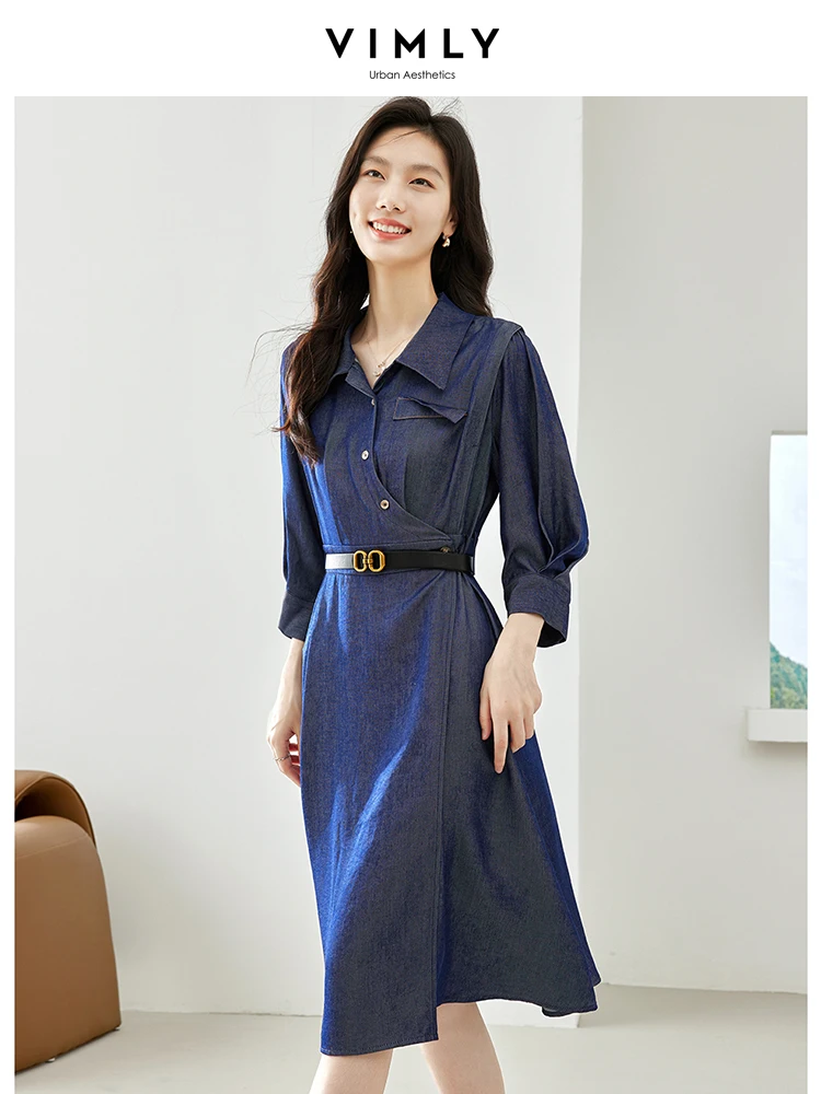 VIMLY Denim Shirt Dress for Women 2023 Autumn Fashion New Lantern Sleeve A-line Elegant Dresses with Leather Belt Clothing 72117