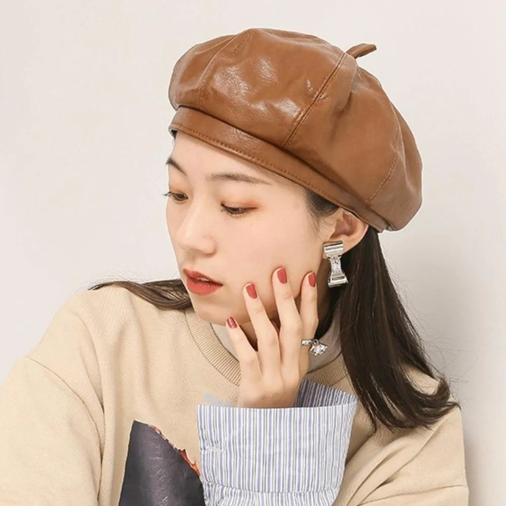 Trendy Retro Beret Hat Solid Color PU Leather French Cap Octagonal Painter Cap for Women