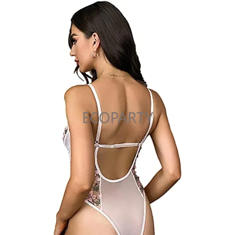 Women Sexy Lace Up Floral Embroidered Lingerie Bodysuit Top Mesh Sheer One Piece Lace Flower Strap Women\'s Bodysuit Multicolour