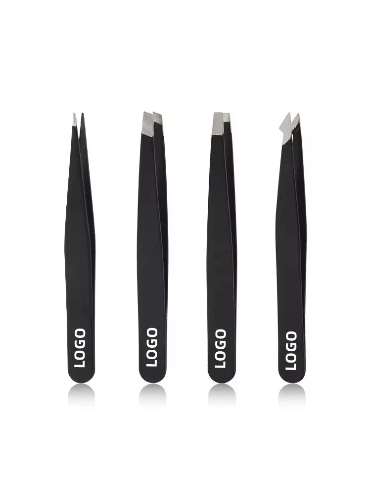 

50pcs Custom Logo Factory Wholesale Stainless Steel Professional Slanted Tip Tweezers Black Custom Eyelash Eyebrow