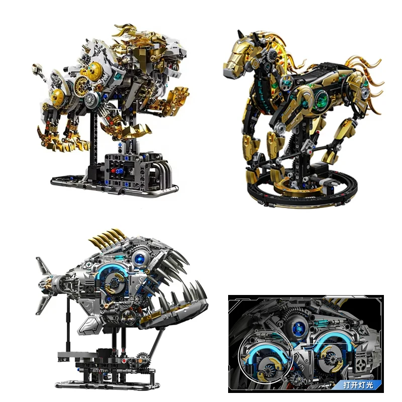 

MOC механическая модель льва/пираньи/лошади, строительные блоки, креативная сборка «сделай сам», орнамент в виде животных, кирпичи, игрушки для взрослых, праздничные подарки