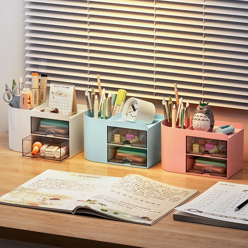 Imagem -04 - Multifuncional Pen Holder com Gaveta Papelaria Storage Box Desktop Organizer