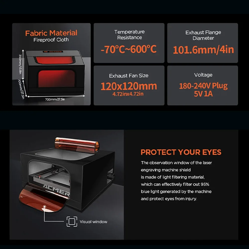 ACMER R10 Protective Cover for Laser Engrave Machine Enclosure Fireproof Dust-proof Smoke ExhaustEye Protection Vent 700x700mm