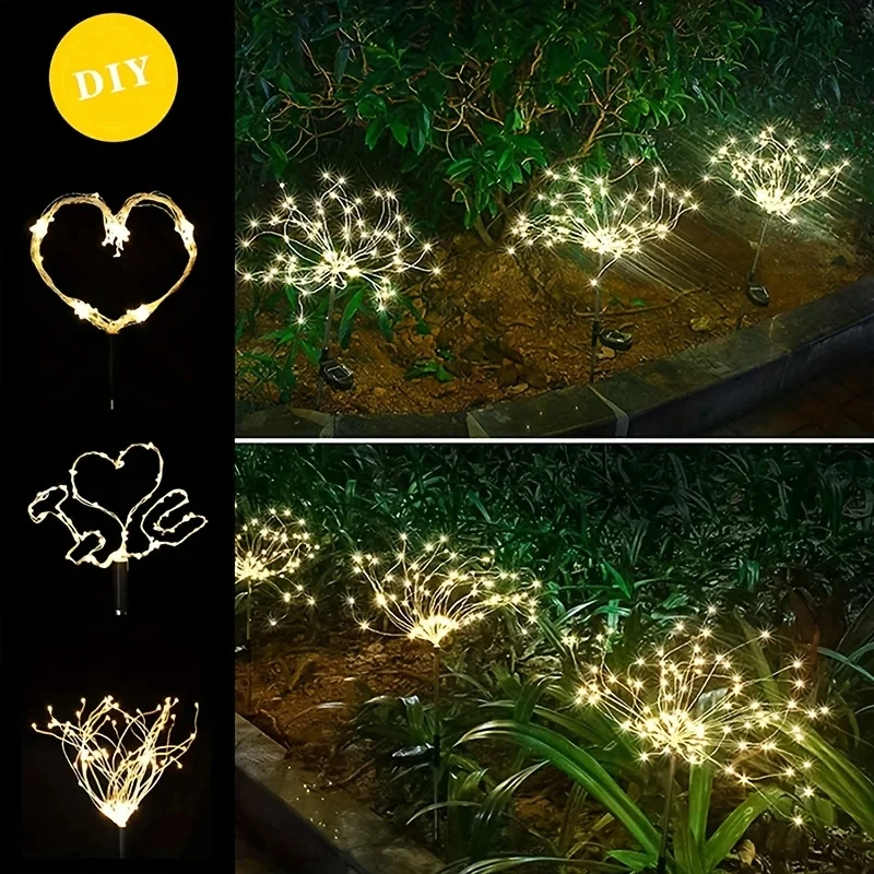 1/2/4PCS Solar Firework Light Waterproof Outdoor 8 Lighting Modes 90-200LED Fairy String Light Christmas 3 Colors Garden