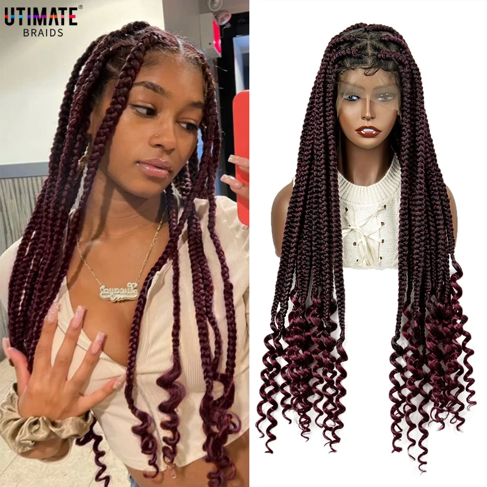 Wig kepang Frontal penuh renda besar tanpa simpul dengan gelombang keriting untuk wanita wig kepang Cornrow keriting berakhir 34 inci penggunaan sehari-hari