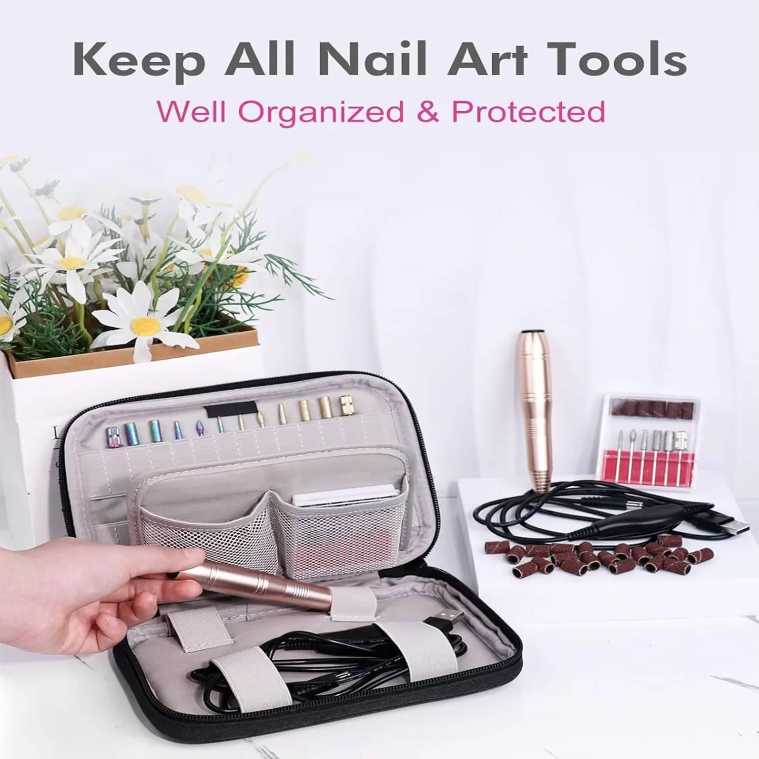 حقيبة حامل مثقاب الأظافر المحمولة، حقيبة تخزين قلم التلميع، مناسبة لصالون الأظافر وحقيبة تخزين أدوات الأظافر المنزلية #4