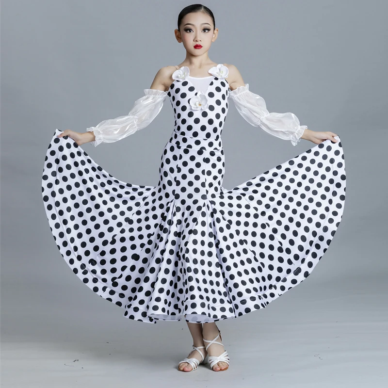 

Polka Dots Ballroom Dance Dress Girls Off-Shoulder Dancing Costume Bodysuit Skirt Children Tango Waltz Performance Wear VDB6196