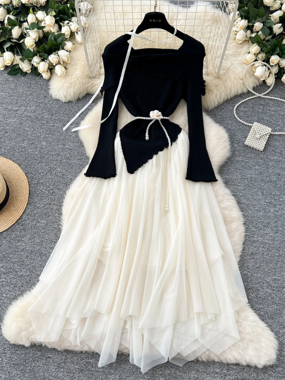 부드러운 바람 꽃 긴 소매 니트 메쉬 푹신한 하이 웨이스트 a 라인 요정 드레스 한국 스타일 통근 겨울 패션 트렌드