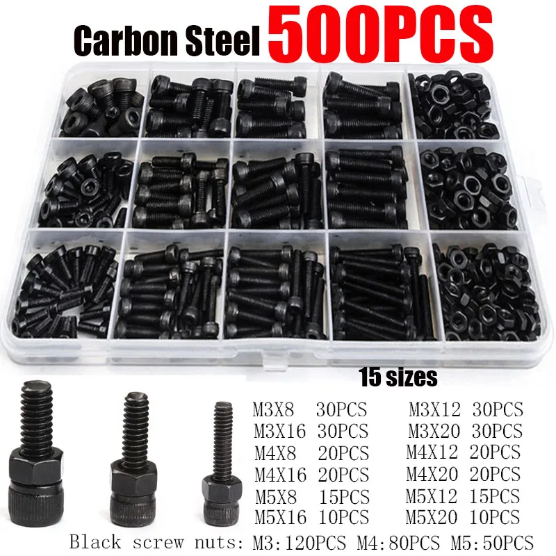 

500PCS M3/M4/M5 Hexagon Screw With Nuts Furniture Fastener Assorted Kit Black Carbon-Steel Cylinder Column Hex Nut Screw