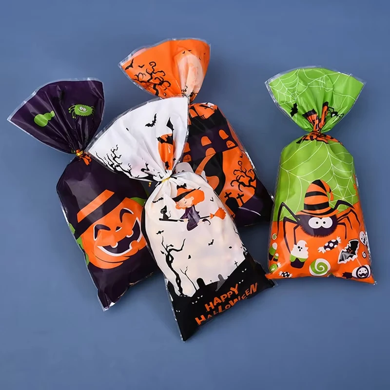 50/100 Stück Halloween-Geschenktüten, Halloween-Süßigkeitentüten, Plastik-Cellophan-Kekstüten, Geschenktüten mit 50/100 Stück Bändern, Geschenkverpackungstüten – Detail 4