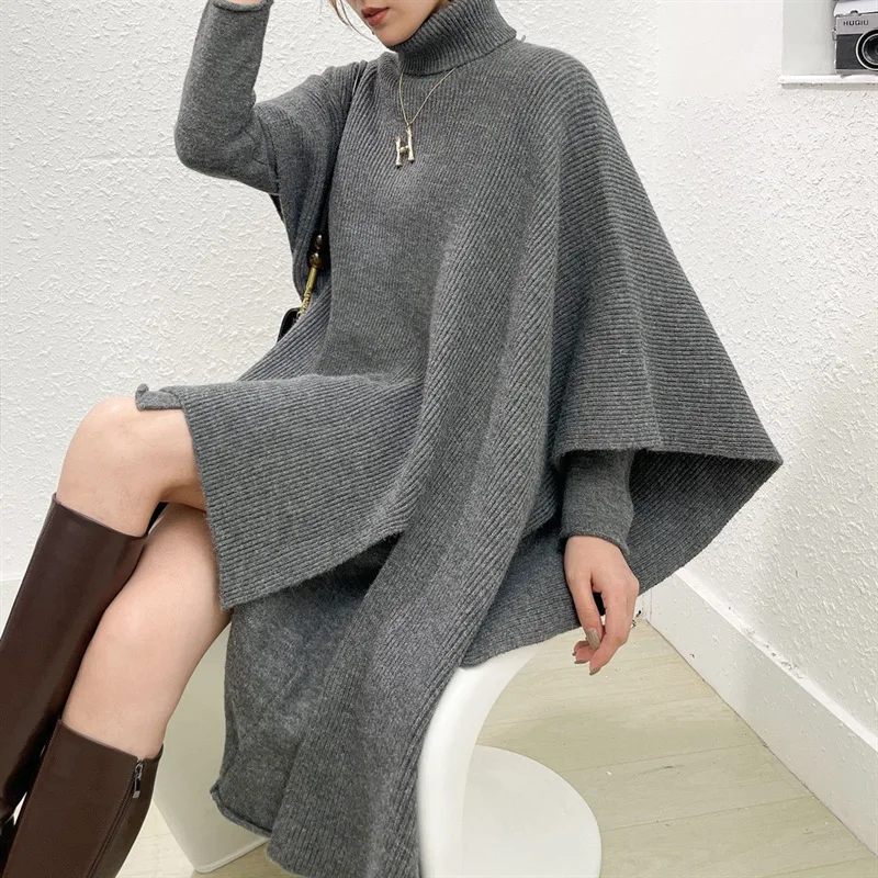 SuperAen Autumn and Winter Design Two-piece Split Irregular Sweater Dress Loose High Necked Cape Sweater Coat