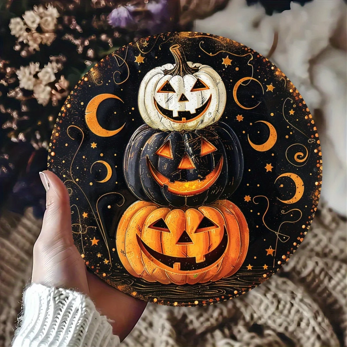 2D Flat - [Open ] 2D Flat 1pc 19.99 cm Round Halloween Wall Decoration Sign - Retro Pumpkin Magic Night Metal Art with Glowing P