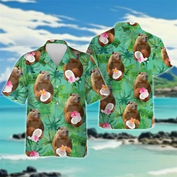 Cute Capybara Graphic Beach Shirt Kawaii Aniaml Female Short Sleeve Blouses Hawaiian Surfing Women Lapel Blouse Button Girls Top