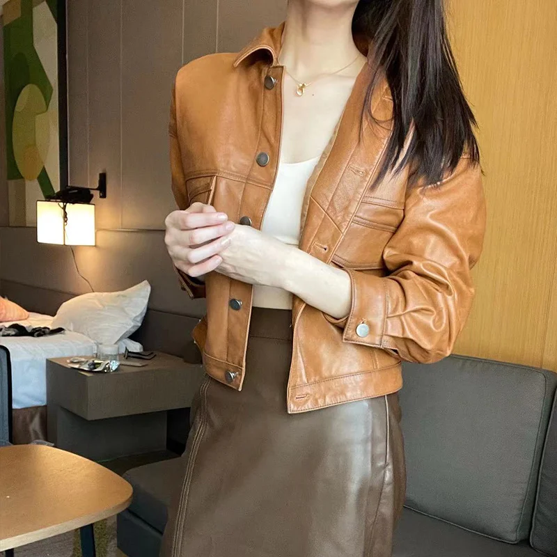 2022 Spring New Fashion Workwear Style Loose Short Sheepskin Half Plant Tanned Genuine Leather Coat Women's Lazy Style