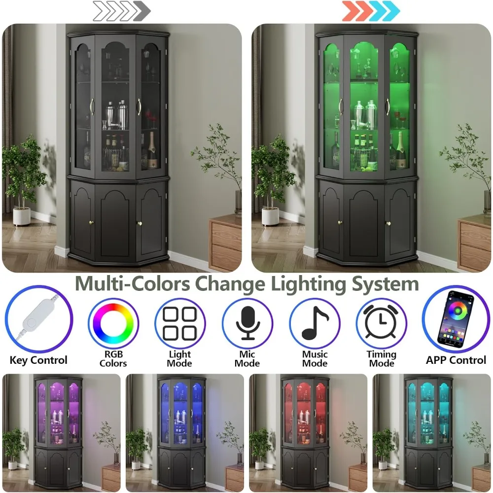 LEDライト付きコーナーバーキャビネット、強化ガラス扉と調節可能な棚付き背の高いモダンなワインキャビネット、ホームバー酒類収納