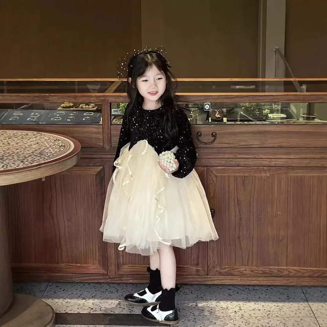 Girls Skirt Starry Sky Big Bow Mesh Dress Splicing Together Sequin Dress Princess Skirt Autumn/Winter New Style