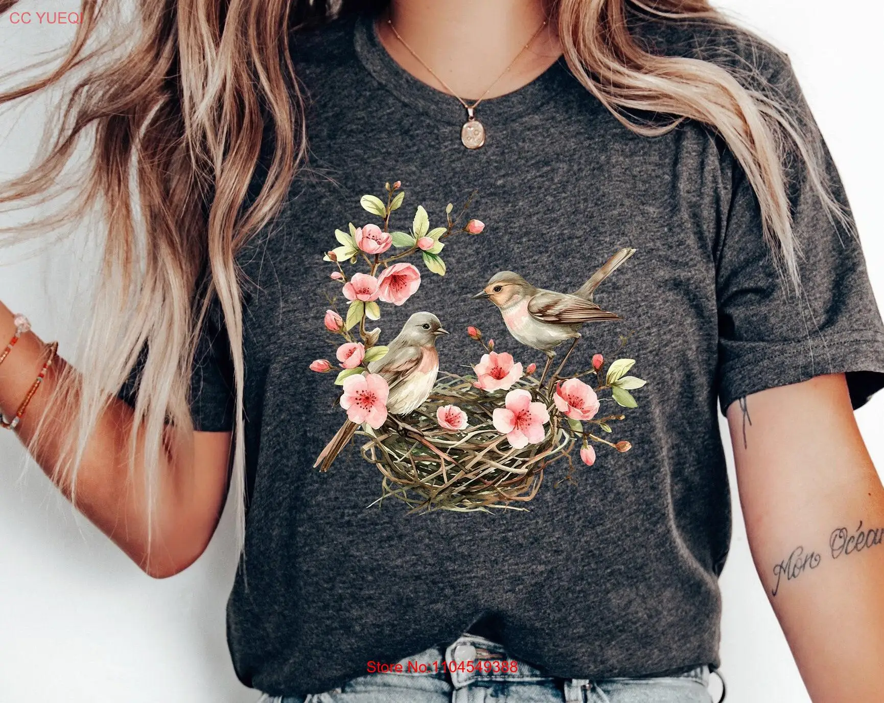 

Watercolor Bird Nest T Shirt Wildlife Easter Cottagecore Spring Forest long or short sleeves