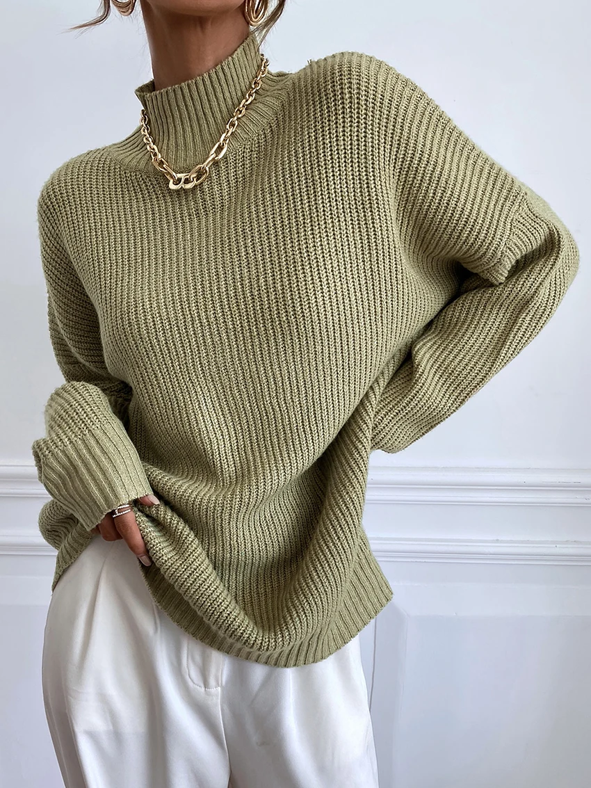 

Parc Fee Winter Loose Green Women's Sweater 2025 Fashion Turtleneck Long Sleeve Sweater Elegant Classic Solid Top Female Clothin