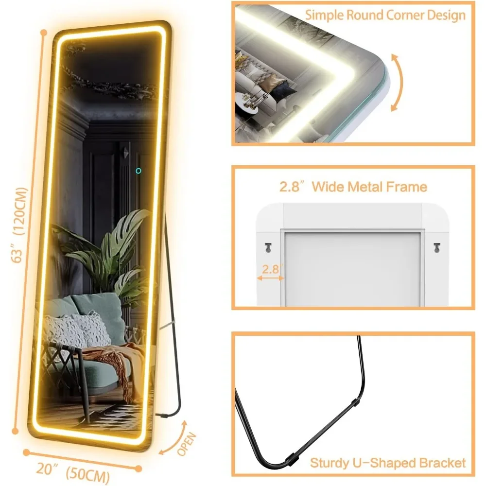 63"x20" Full Length Floor Mirror Dimming Lights, Touch Control, Wall Mounted Hanging Mirror, Full-Size Body Lighted Mirror