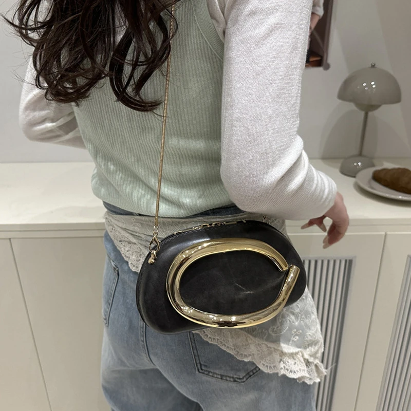 Women PU Leather Metal Handle Handbag & Removable Strap Trendy Clutch Purses Hand-held Shoulder Clutch Bag for Evening Dinner