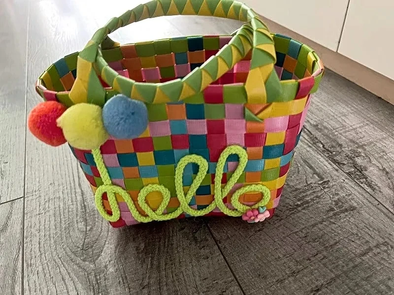 Cute Hello Letters Handmade Woven Handbag Rainbow Flower Shopping Beach Tote Purse Party Bag Gift