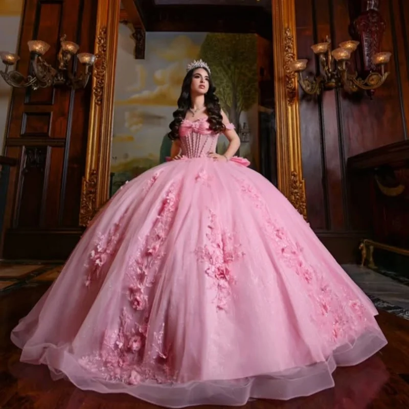 

Customized Pink Quinceanera Dresses Off the Shoulder applique crystal Long tail 3D flower Bow Vestido 15 Quinceanera