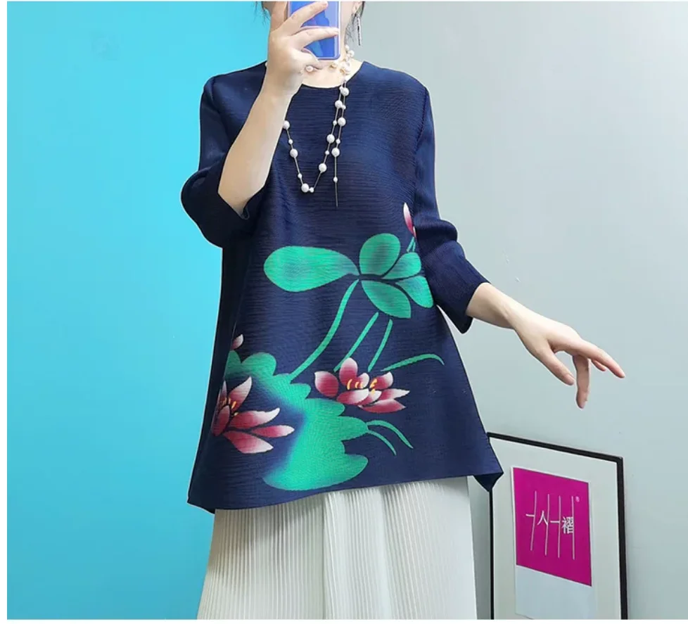 IN  STOCK S052 Miyake Lotus Print Fashionable Youthful three quarter Round Neck T-Shirt HOT SELLING