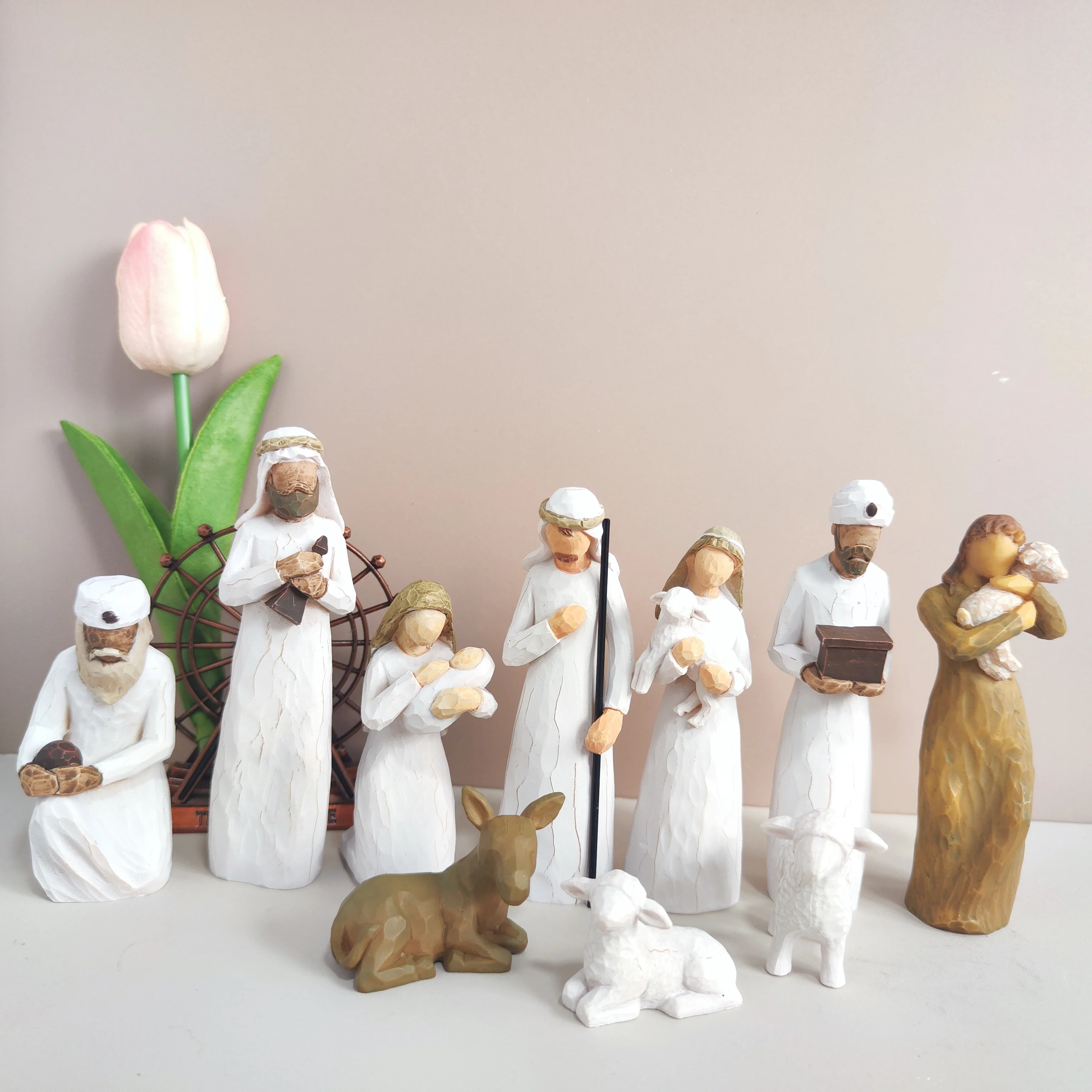 مجموعة تماثيل راتينج لمشهد المهد مجهول الهوية مكونة من 10 قطع، ديكور عيد الميلاد لولادة يسوع، ماري جوزيف الراعي الرجال الحكيم مع الأغنام، مينيما