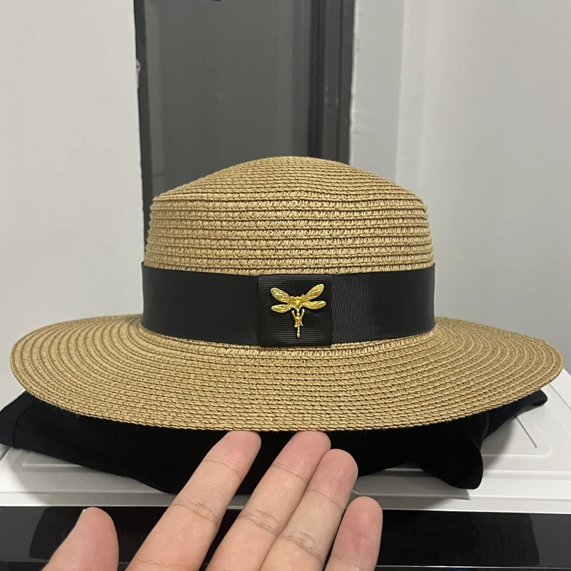 Fashion Handmade Straw Flat Top Hat For Women\'S Summer Travel Beach Panam Sunshade Bucket Hat Simple Men\'S Gentleman Hats