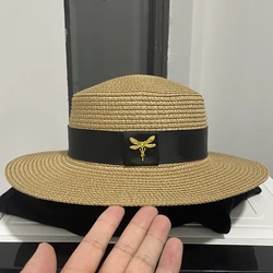 Fashion Handmade Straw Flat Top Hat For Women'S Summer Travel Beach Panam Sunshade Bucket Hat Simple Men'S Gentleman Hats