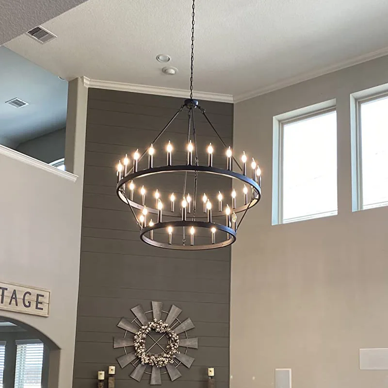 

Farmhouse Industrial Country Black Wheel Chandelier Round Dining Room Bedroom Living Room American Chandelier Light