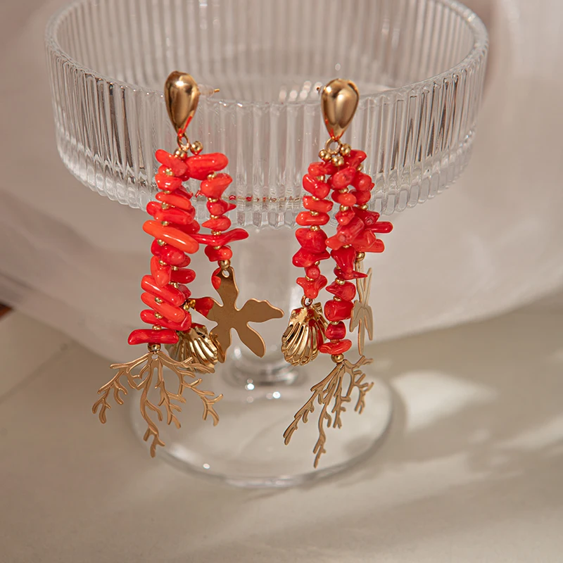 1Pair Elegant Red Coral Tassel Stainless Steel Women\'s Earring 14K Gold Plated Fashion Jewelry 2024 New Stylish Women\'s Earring
