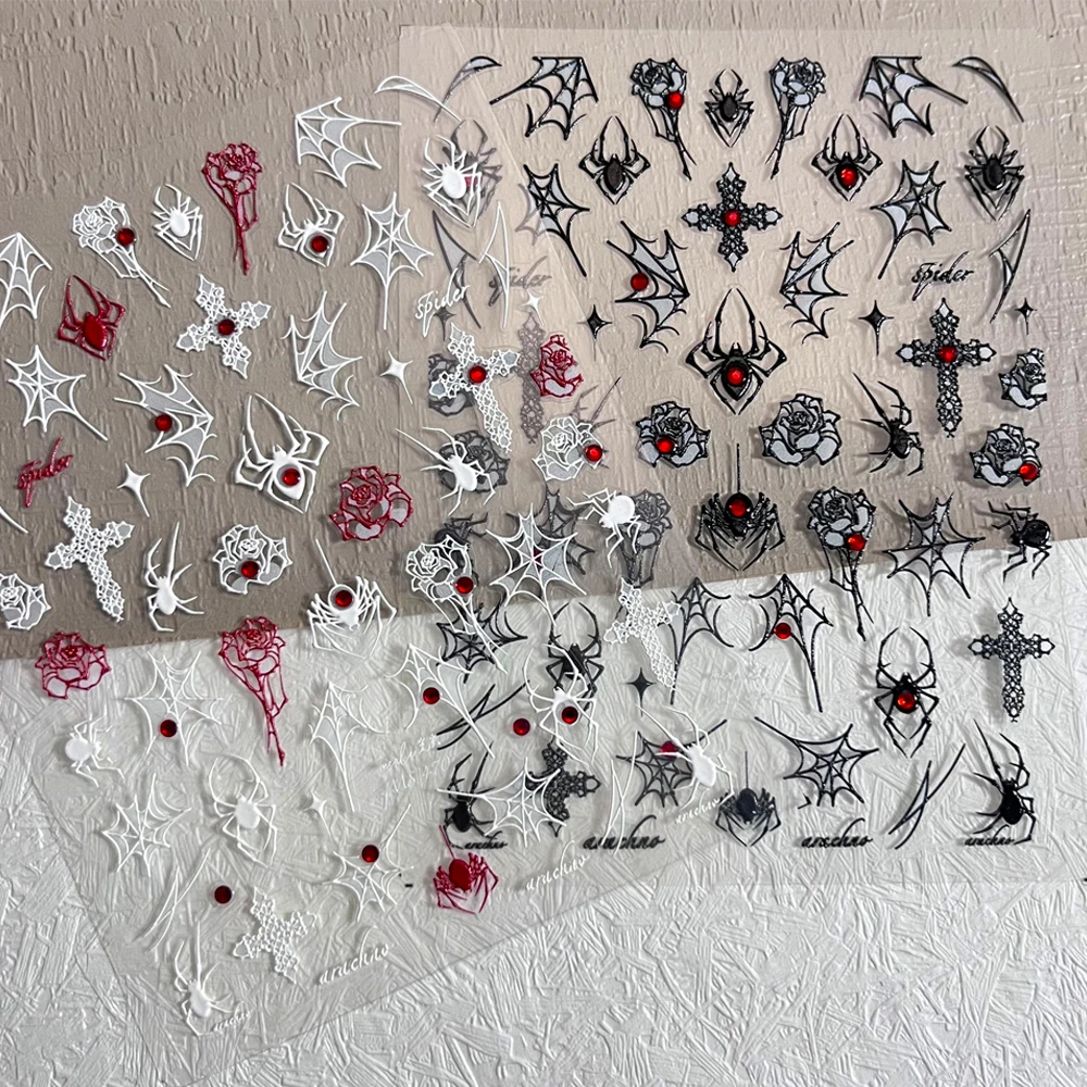 1 قطعة 5D أسود أبيض العنكبوت ويب ارتفع مسمار ملصقات الشرير الأحمر الماس روز الصليب مسمار الشارات Y2K مثير مانيكير الديكور المتزلجون م