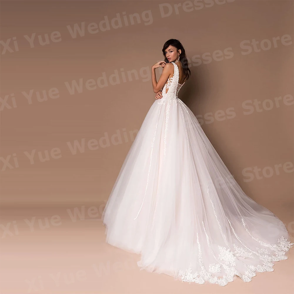 Luxuoso uma linha vestidos de casamento feminino apliques rendas vestidos de noiva sexy decote em v sem mangas personalizado sem costas vestido de noiva