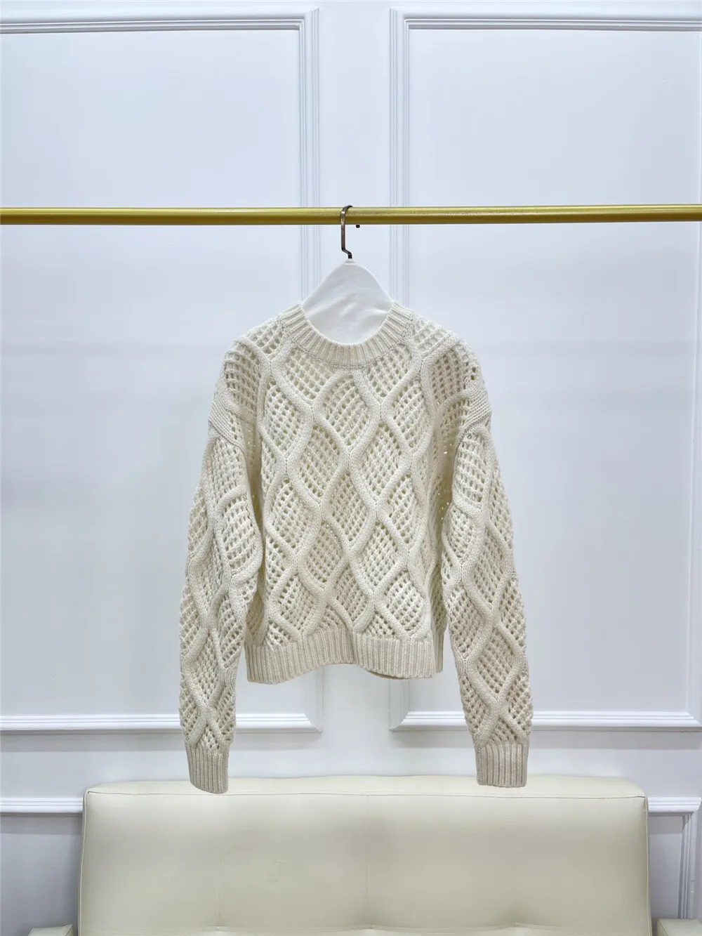 Wool Cashmere Hollow Sequined Pullover for Women, Long-Sleeved Sweater, Casual Knitted Top, High Quality