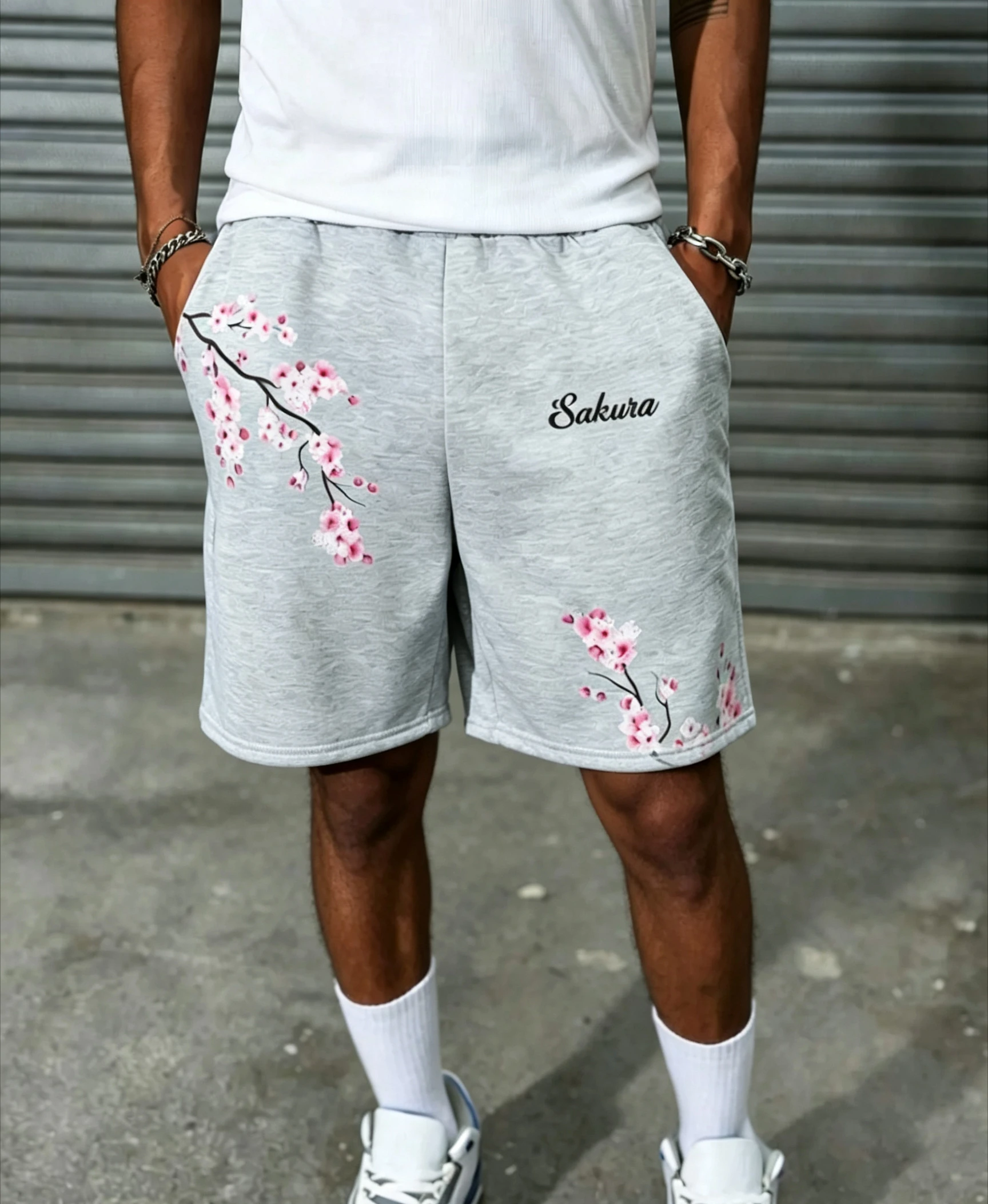 Men's Rose Print Shorts, Elastic Waist, Casual Sports Outdoor Shorts, Suitable for Everyday Wear.