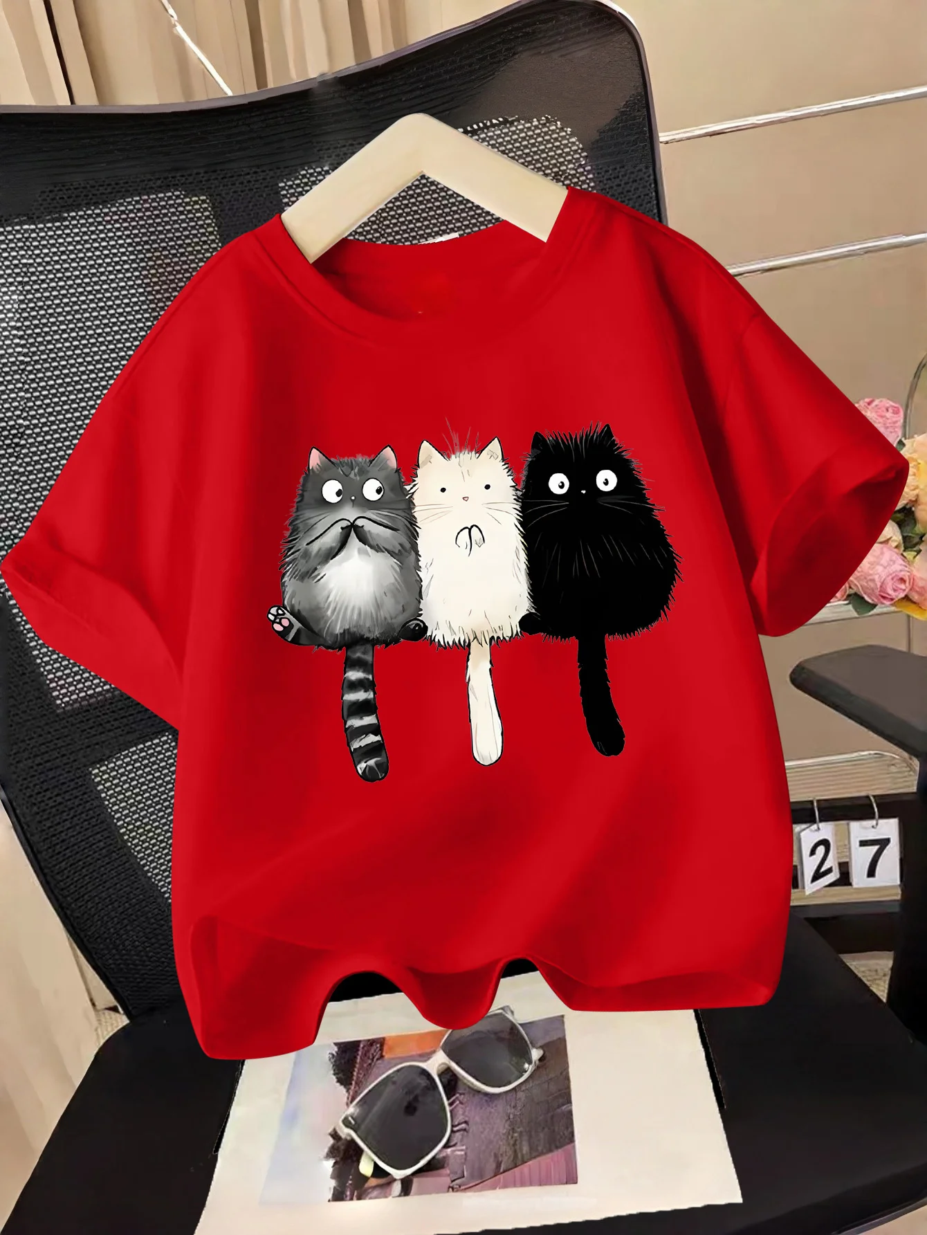 Three Fluffy Cartoon Cats Cute Animal Graphic Print T Shirt Family Matching Boys Girls Kids Short Sleeve Daily Tees