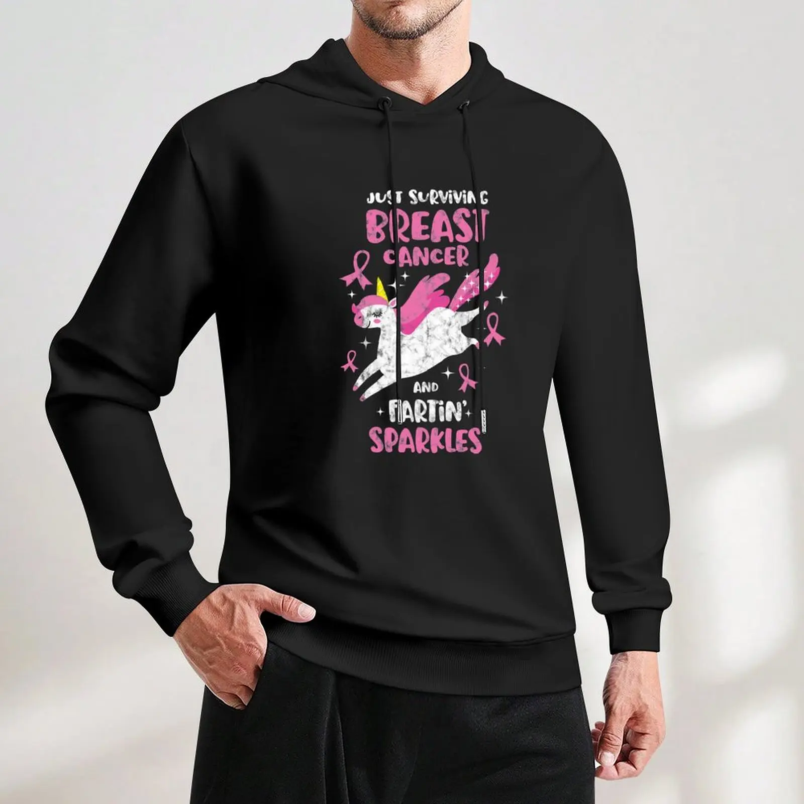 Surviving Breast Cancer Farting Sparkles Unicorn Distressed Pullover Hoodie Herren-Sweatshirt-Trainingsanzug für Herren