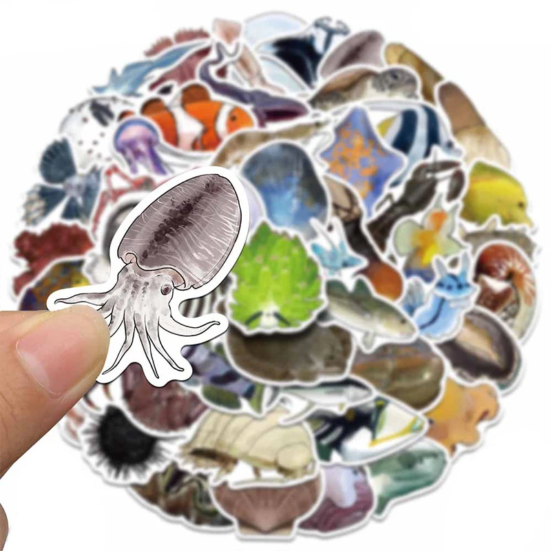 50PCS Deep Sea Fish Stickers Pack Ocean Animal Sticker Under The Sea Animal Fish Turtle Stickers Waterproof Vinyl Decals