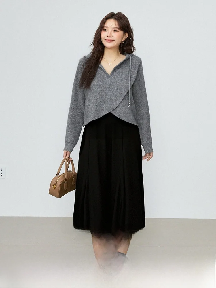 

Осенний модный женский комплект больших размеров: худи и асимметричное платье-миди из полиэстера с длинными рукавами для повседневной носки