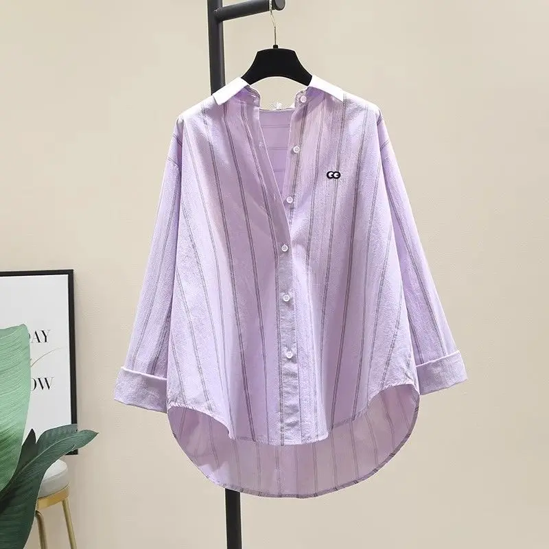 

Autumn Embroidered Blouse Blue Striped Shirt for Women New Korean Loose Slim Shirt Long-sleeved Top Trendy Womens Tops Trendy