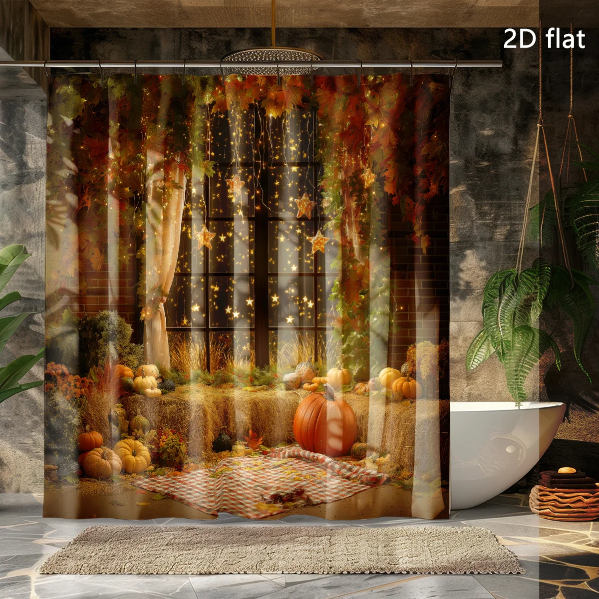 2D Flat, 2D Flat, 4pcs Autumn Pumpkin Leaf Glass Pattern Shower Curtain Set, Dry And Wet Separation Bathroom Four-Piece Set, 2D Flat Home Decoration Shower Curtain with 12 Shower Curtain Hooks, with Non-Slip, Toilet U-Shaped, Toilet Lid