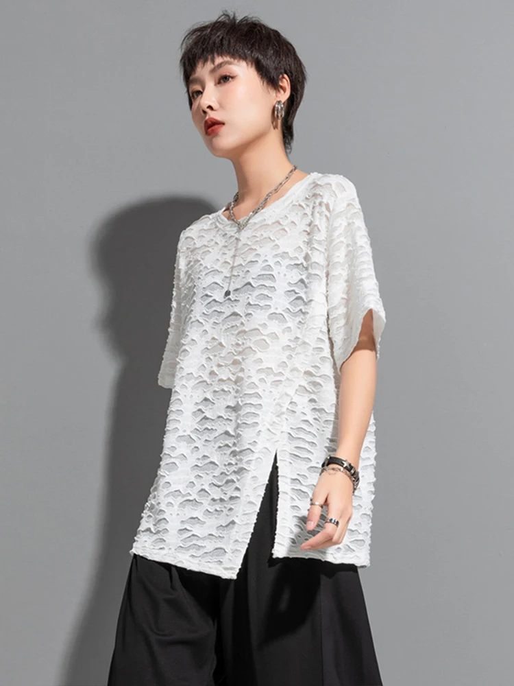 Amax luluE 2025 Spring Womens Fashion Mesh Design Punk T-shirts Loose Casual Lace Tops Ladies Sexy Casual Classic O Neck Clothes