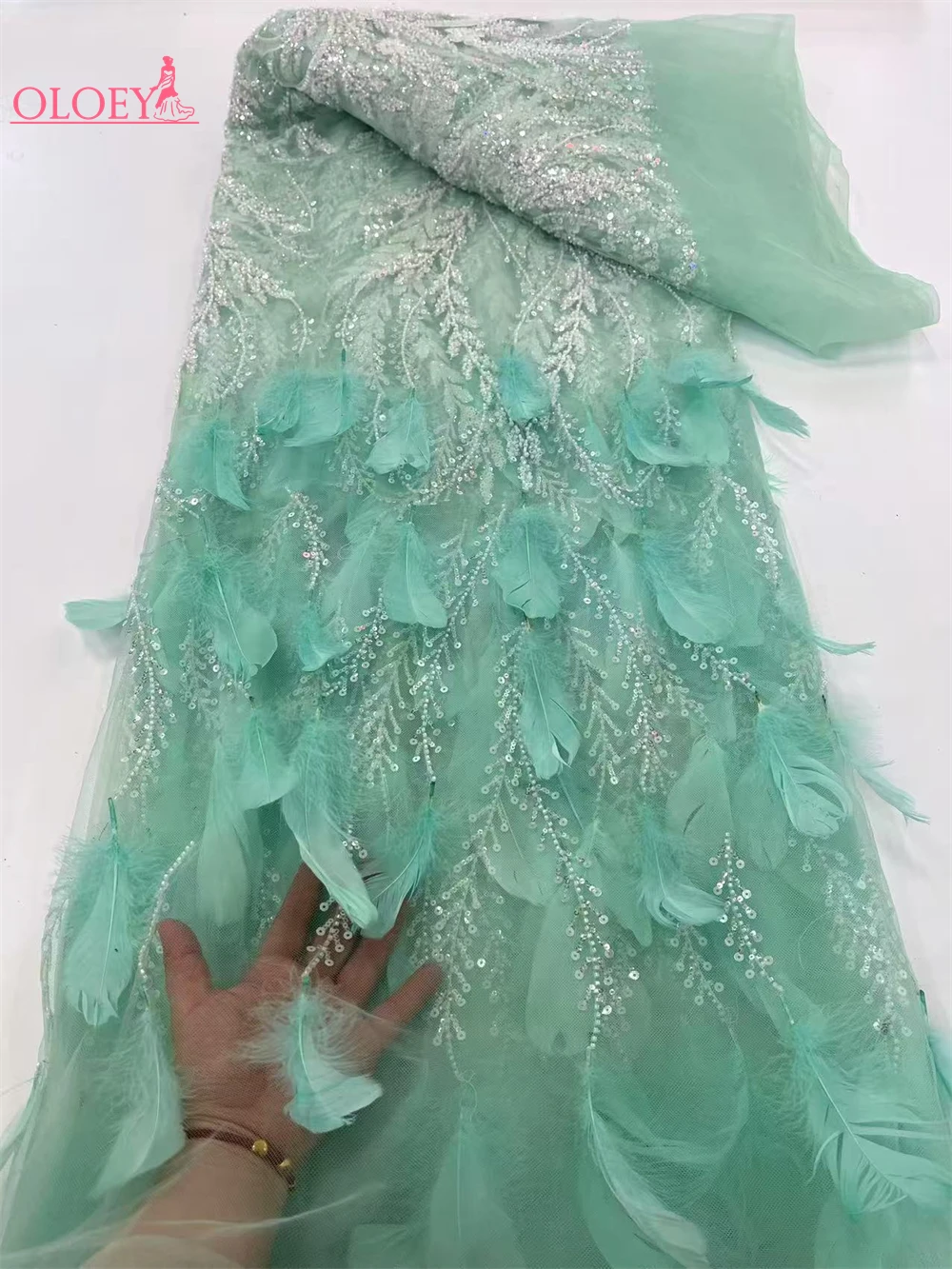 Latest Luxury Elegant African Feather Beaded Lace Fabric Embroidery With Sequins Nigerian Tulle For Wedding Party Long Dress