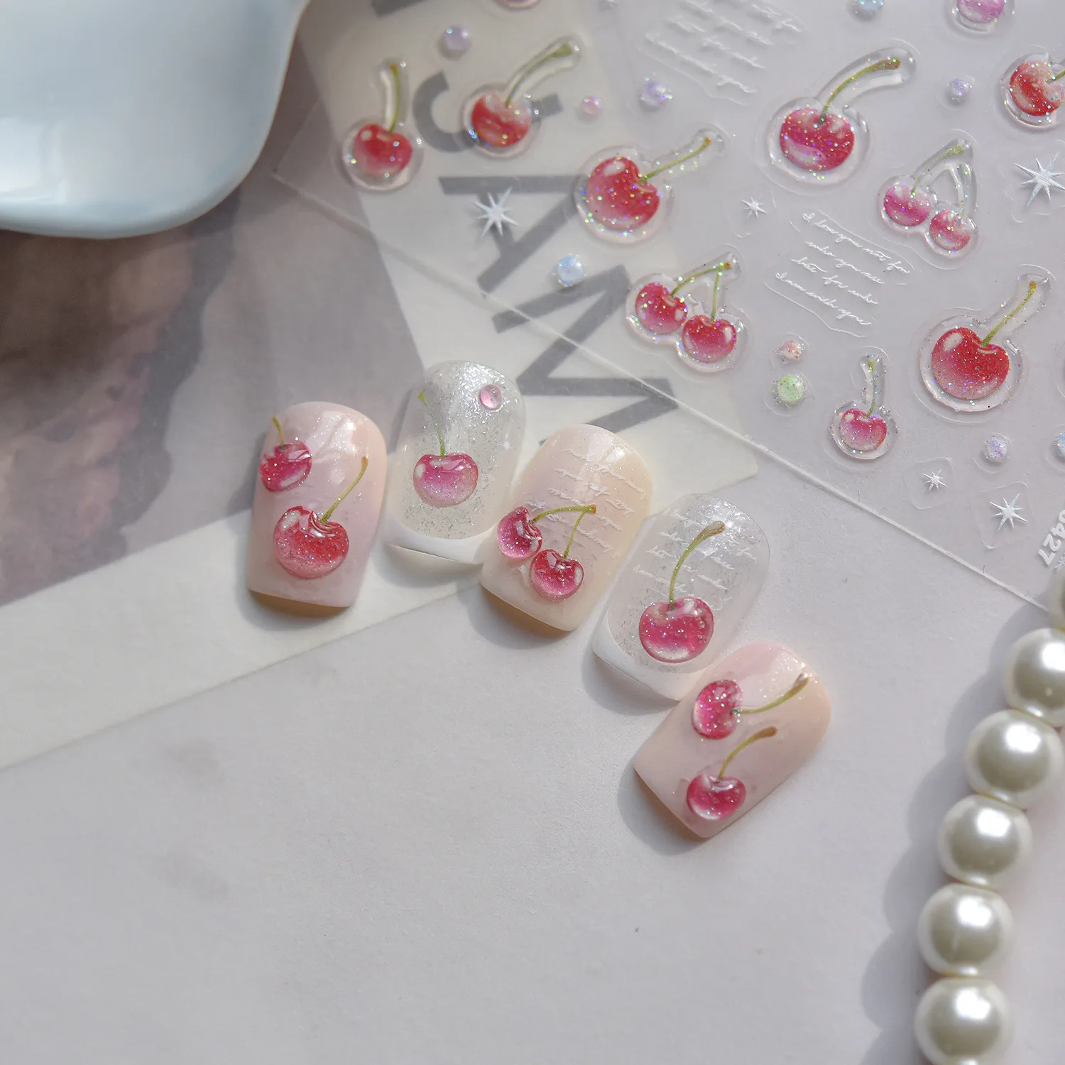 Bonitas pegatinas brillantes de cereza para decoración de uñas, diseño de fruta dulce, pegatinas autoadhesivas para decoración de uñas, accesorios para uñas con purpurina DIY