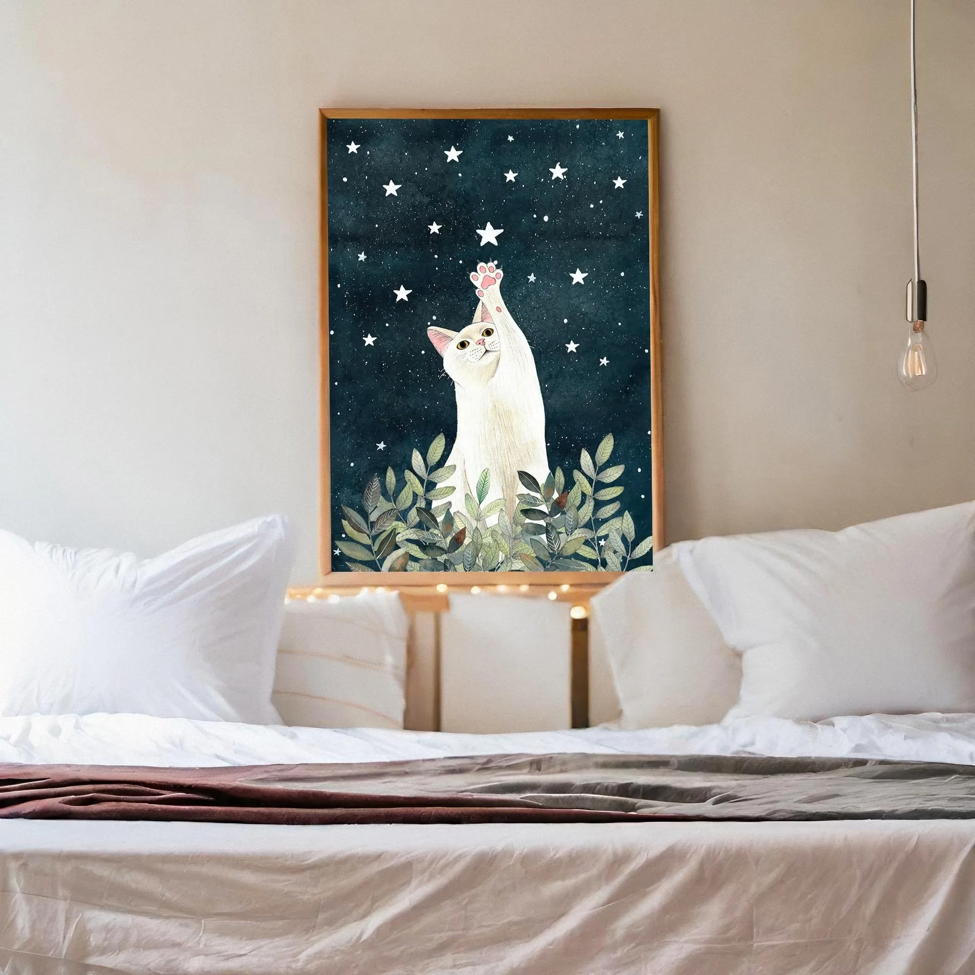 White Cat Poster Celestial Wall Decor Pet Memorial Gift White Cat and Starry Sky Canvas Poster Home Decor Fun Cat Print Art